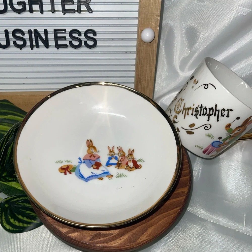 Vintage Bunny Baby Dish Set – Personalized “Christopher” Mug & Plate Gold Trim